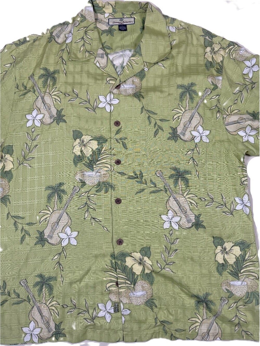Tommy Bahama Men's S/S Silk Camp Shirt Large Green Ukelele Floral Relaxed Fit